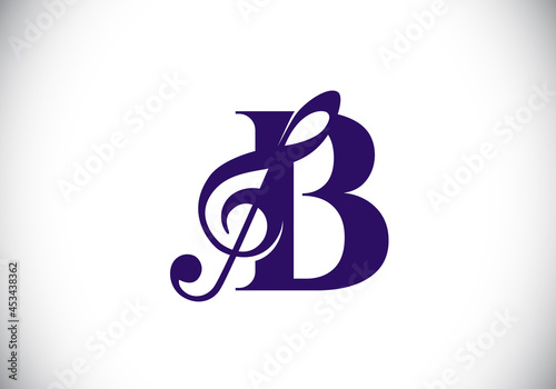 Initial B monogram alphabet with a musical note. Symphony or melody signs. Musical sign symbol. Font emblem. Modern vector logo design template.