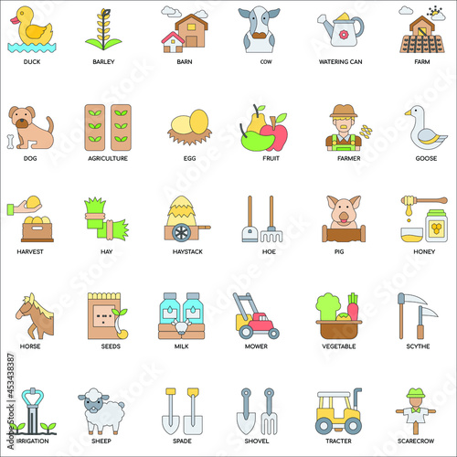 Farming color collection flat vector icon set