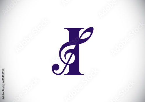 Initial I monogram alphabet with a musical note. Symphony or melody signs. Musical sign symbol. Font emblem. Modern vector logo design template.