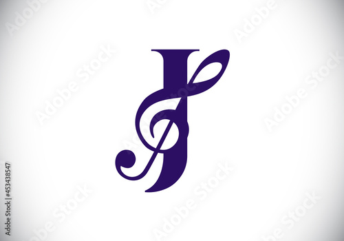 Initial J monogram alphabet with a musical note. Symphony or melody signs. Musical sign symbol. Font emblem. Modern vector logo design template.