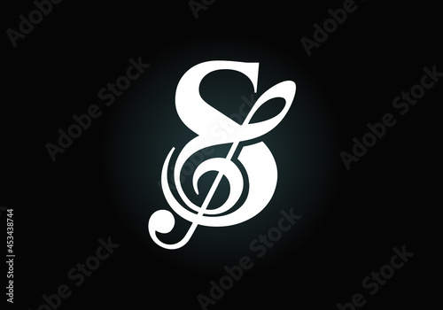 Initial S monogram alphabet with a musical note. Symphony or melody signs. Musical sign symbol. Font emblem. Modern vector logo design template.