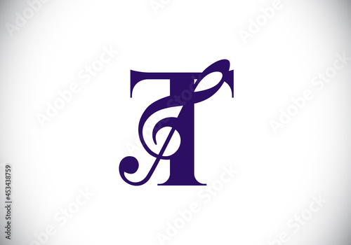 Initial T monogram alphabet with a musical note. Symphony or melody signs. Musical sign symbol. Font emblem. Modern vector logo design template.