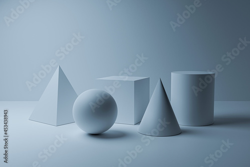 Collection of White Geometry 3D Graphic Shapes Cube Pyramid Cone Cylinder Sphere, Light and shadows, 3D rendering