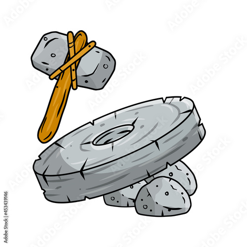 Stone hammer. Invention of wheel. primitive caveman element. Tool work. Old weapon. Cartoon drawn illustration