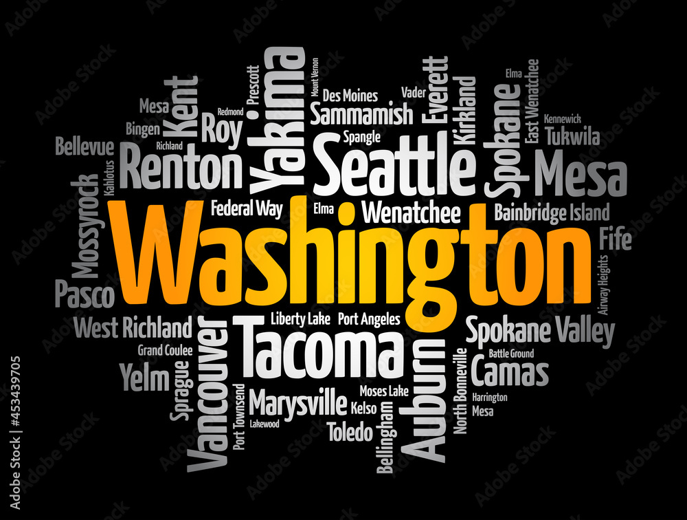 List of cities in Washington USA state, word cloud concept background List of cities in Washington USA state, word cloud concept background