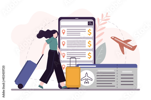Female character choose and book plane ticket on phone screen. Cartoon woman with suitcase tracked prices in mobile app for travel. Summer vacation
