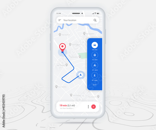 Map GPS navigation, Smartphone map application and red pinpoint screen, App search map navigation, Technology map, City navigation maps, City street, gps tracking, Location tracker, Vector
