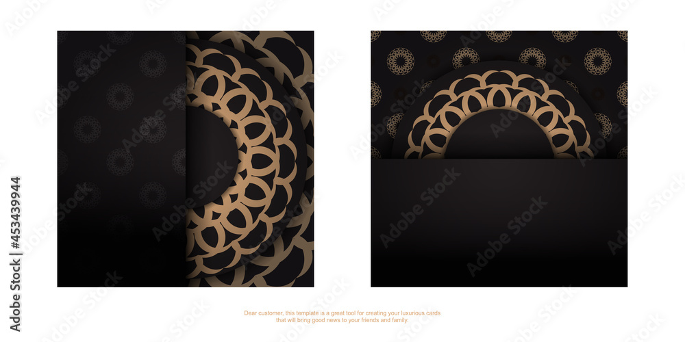 Square Template for print design postcards in black color with luxury patterns. Preparing an invitation with a place for your text and vintage ornaments.
