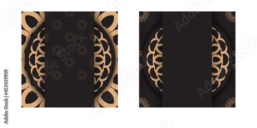 Square Template for print design postcard in black color with luxury ornaments. Vector preparation of invitation card with place for your text and vintage patterns.