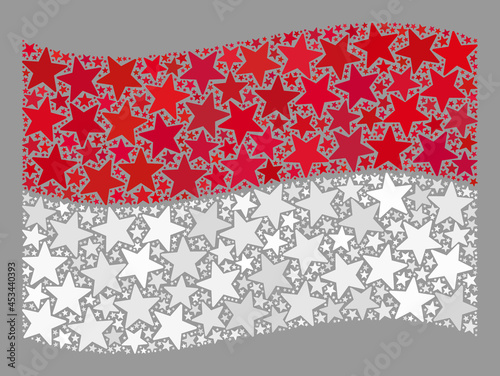 Mosaic waving Indonesia flag designed with star items. Vector starred mosaic waving Indonesia flag combined for event purposes. Indonesia flag collage is designed with scattered stars.