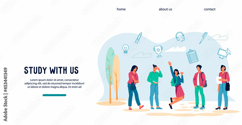 Learning and education website with university or college students characters. Web banner for students day and educational institution promotion, flat vector illustration. Learning and education website with university or college students characters. Web banner for students day and educational institution promotion, flat vector illustration.