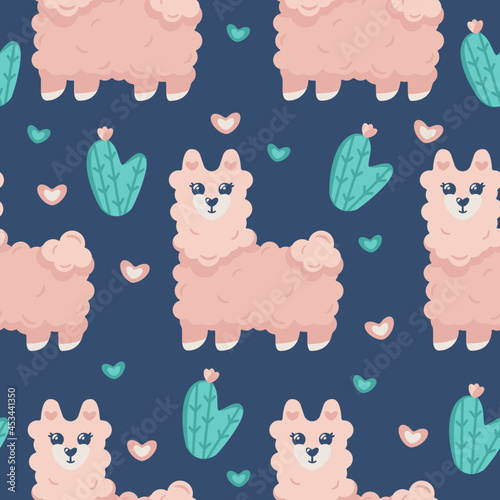seamless pattern with llama, cute pink llamas with hearts and cactus
