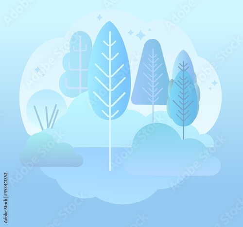 Winter forest landscape. Flat style symbolic illustration. Scenery with trees, shrubs and snowdrifts. Rural wildlife. Countryside view with frost. Beautiful art picture. Vector