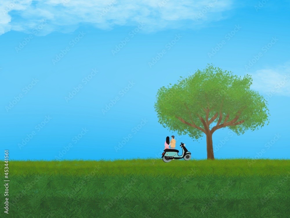 Couples, meeting and traveling by motorbikes are resting under trees and surrounded by green fields. Illustration of a young love and relationship, used as a background. Couples, meeting and traveling by motorbikes are resting under trees and surrounded by green fields. Illustration of a young love and relationship, used as a background.