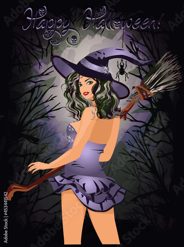 Happy halloween card with beautiful sensual witch, vector illustration