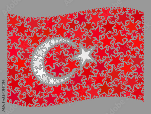 Mosaic waving Turkey flag designed of star elements. Vector starred collage waving Turkey flag combined for festive purposes. Turkey flag collage is made of scattered stars. photo