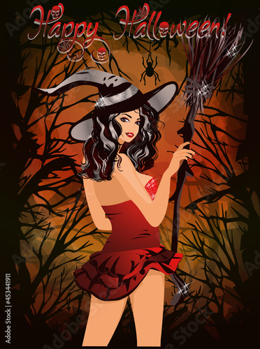 Happy halloween banner with beautiful witch in red drerss  vector illustration