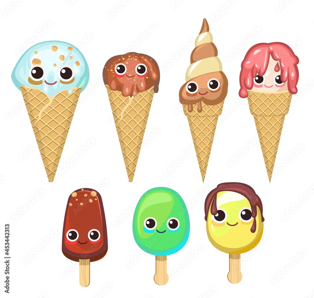 Ice cream set in a waffle cone, popsicle on a stick. Summer sweet dairy product. Cartoon fairy tale character. Milk, chocolate and fruit. Isolated on white background. Vector Ice cream set in a waffle cone, popsicle on a stick. Summer sweet dairy product. Cartoon fairy tale character. Milk, chocolate and fruit. Isolated on white background. Vector