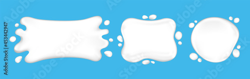 milk splashing, white milk drop splash, droplet milk shape isolated on light blue for banner background