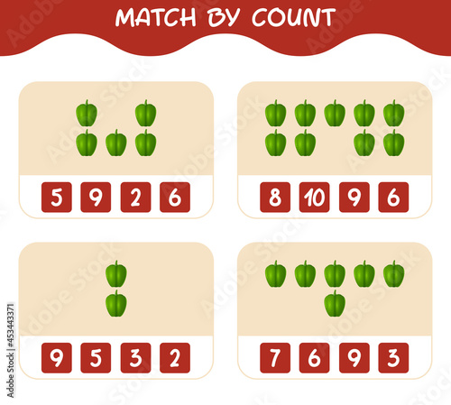Match by count of cartoon bell pepper. Match and count game. Educational game for pre shool years kids and toddlers