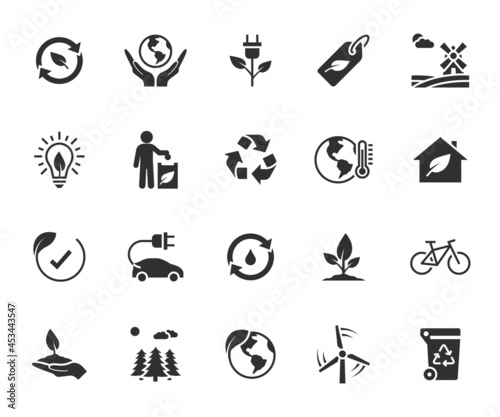 Vector set of ecology flat icons. Contains icons environment  electric car  eco product  global warming  renewable energy  forest  wind turbine and more. Pixel perfect.