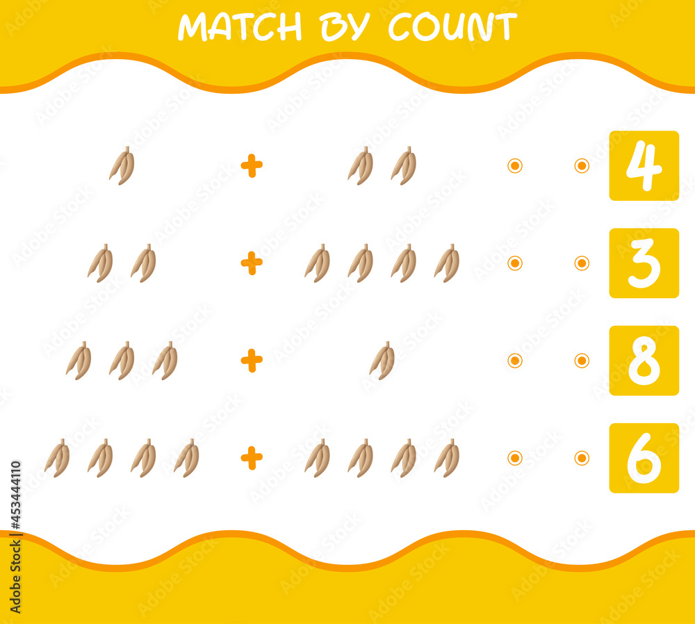 Match by count of cartoon cassava. Match and count game. Educational game for pre shool years kids and toddlers