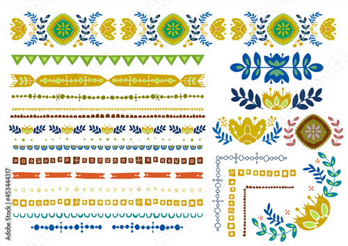 レトロポップ　線のベクター素材セット　花柄　チロリアンテープ　チューリップ　北欧　欧風