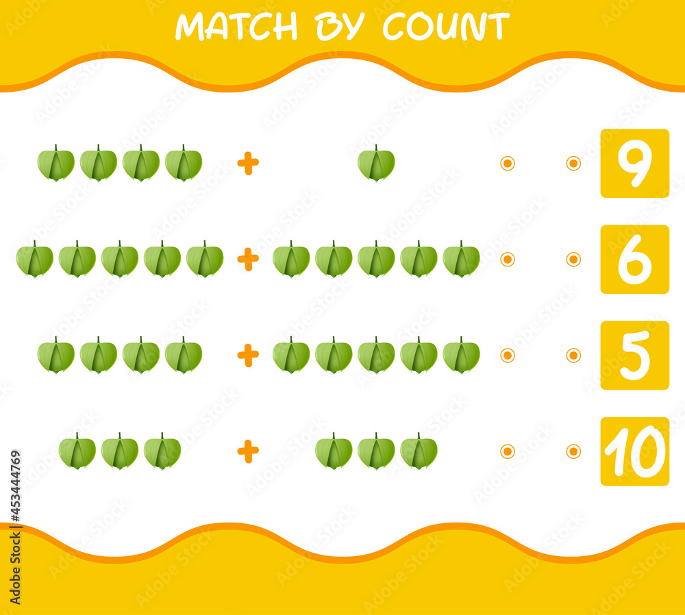Match by count of cartoon tomatillo. Match and count game. Educational game for pre shool years kids and toddlers Match by count of cartoon tomatillo. Match and count game. Educational game for pre shool years kids and toddlers