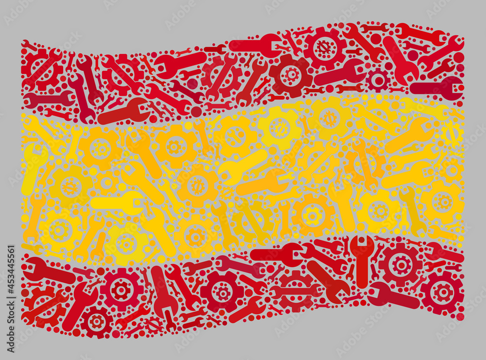 Mosaic waving Spain flag constructed with options elements. Vector cog wheel, wrench collage waving Spain flag combined for service applications.
