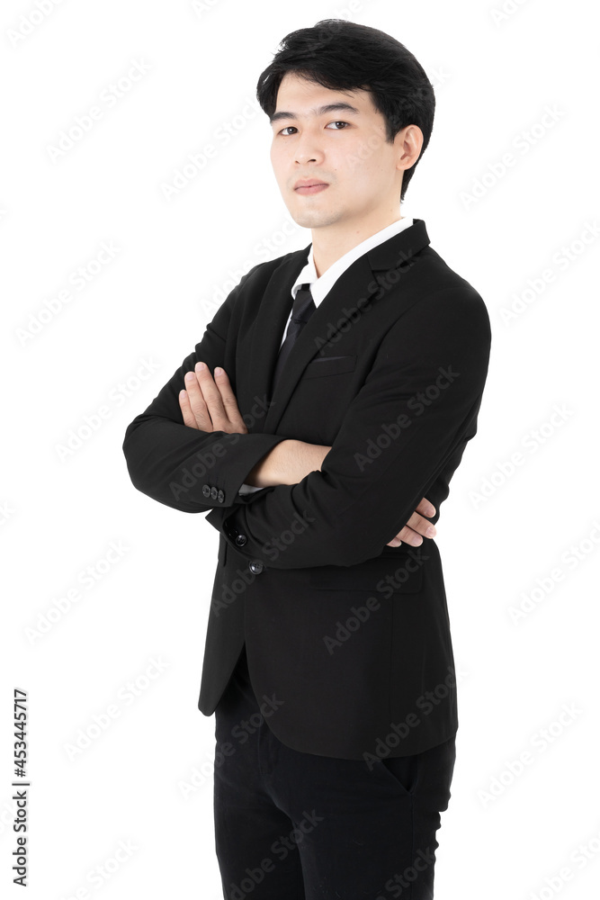 Asian business working handsome man wearing formal suit with necktie, crossing arms and smiling with confidence, showing professional leadership, standing on isolated white background cutout. Asian business working handsome man wearing formal suit with necktie, crossing arms and smiling with confidence, showing professional leadership, standing on isolated white background cutout.
