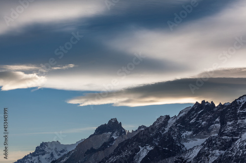 Clouds over the mountains of the Paine mountain range in Torres del Paine National Park, Chile