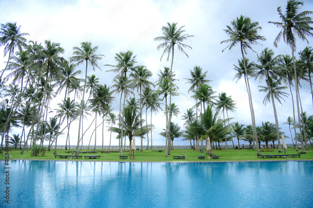 Swimming pool with coconut tree and sea background