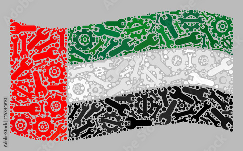 Mosaic waving United Arab Emirates flag designed of cogwheel elements. Vector cog, wrench mosaic waving United Arab Emirates flag constructed for development illustrations.