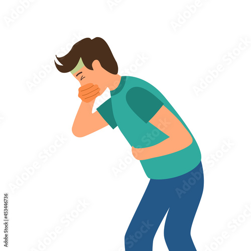 Man suffering from vomit and closing mouth in flat design. Nausea vomiting symptom.