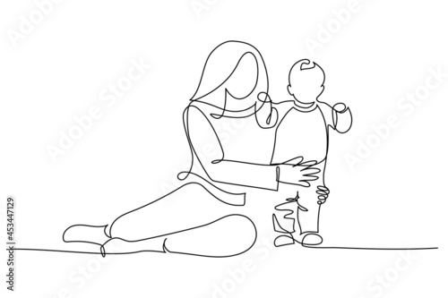 Happy mom with her little son in continuous line art drawing style. Mother assisting her toddler child. Minimalist black linear sketch isolated on white background. Vector illustration