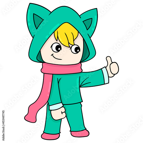 monster cat wearing a cool hooded shirt, doodle icon image kawaii