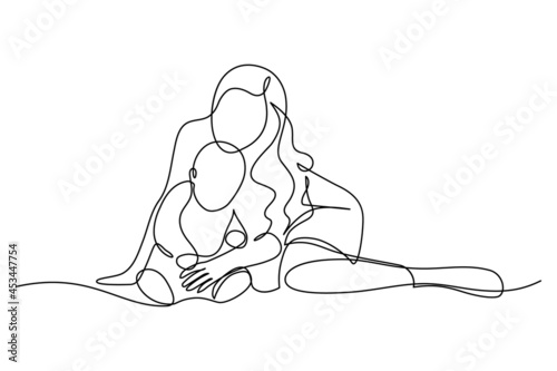 Mom with her young kid in continuous line art drawing style. Mother playing and teaching her toddler child. Minimalist black linear sketch isolated on white background. Vector illustration