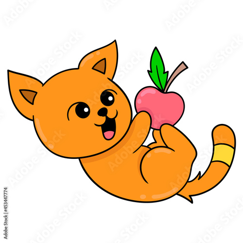 orange cat playing with red apples, doodle icon image kawaii