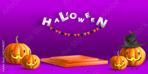 Stage showcase geometric shape with halloween pumpkins concept. Podium platform for product promo or discount