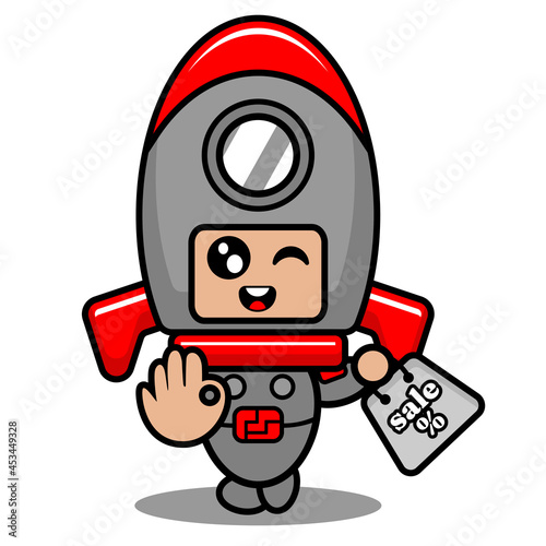 vector cartoon cute space rocket mascot costume character holding selling bag