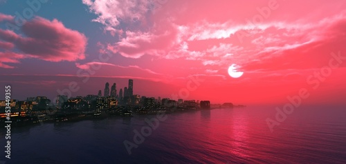 Beautiful sea sunset, sunrise over the ocean, city in the sea at sunset ,, 3d rendering