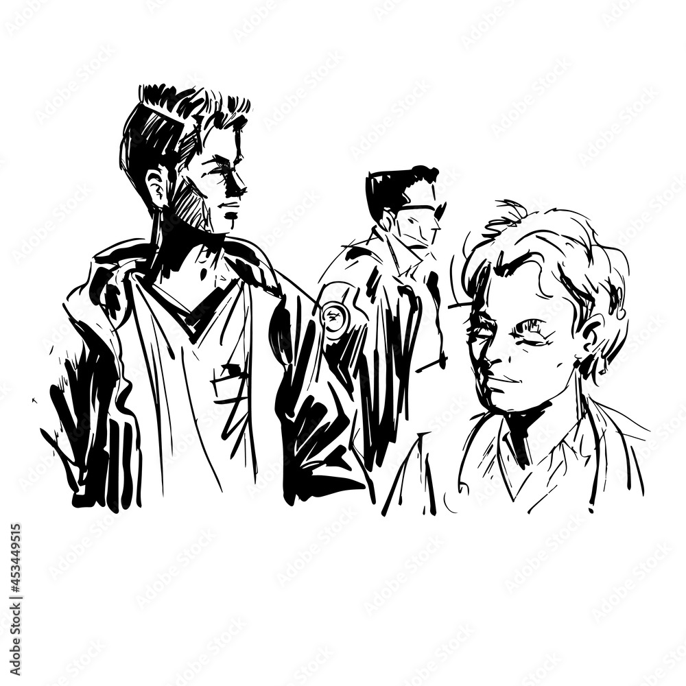 Fototapeta premium Group of people isolated on white background. Ink sketch of scene from everyday life. Man, woman and teenager in casual and formal clothes. Police officer or security guard. 
