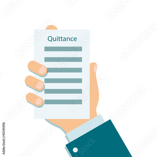 Quittance in male hand, document in businessman hand with sleeve blue shirt and suit isolated on white background. Concept of payment result or confirmation.Vector illustration for finance website
