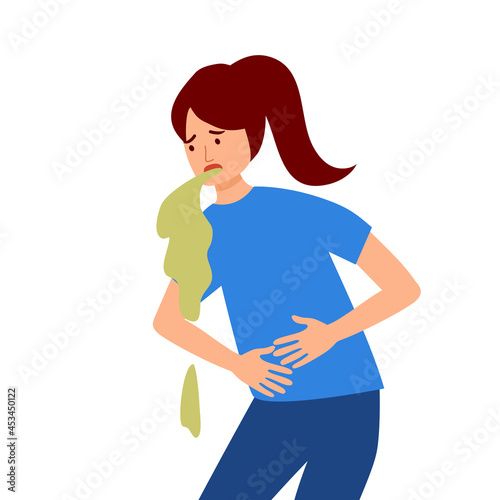 Woman suffering from vomit in flat design. Nausea throwing up from food poisoning symptom or drunk.