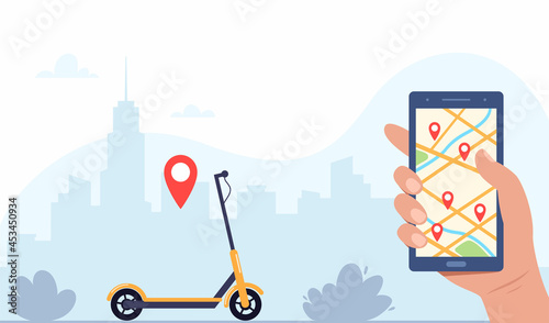 Electric scooter, smartphone with route and red pins on city map, urban landscape background. Online kick scooter sharing service with smartphone app. Scooter Rent. Vector concept illustration. © Alena