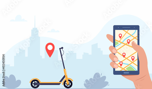 Electric scooter, smartphone with route and red pins on city map, urban landscape background. Online kick scooter sharing service with smartphone app. Scooter Rent. Vector concept illustration.