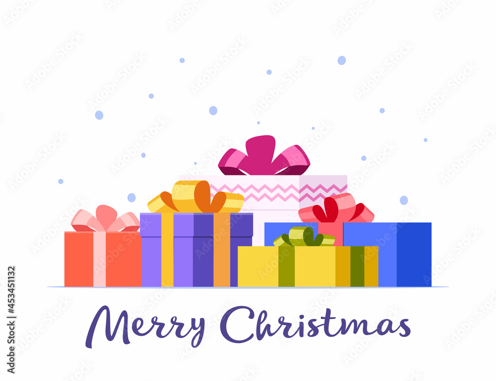 Big pile of colorful wrapped gift boxes and inscription Merry Christmas. Flat style vector concept holiday illustration Isolated on white background.