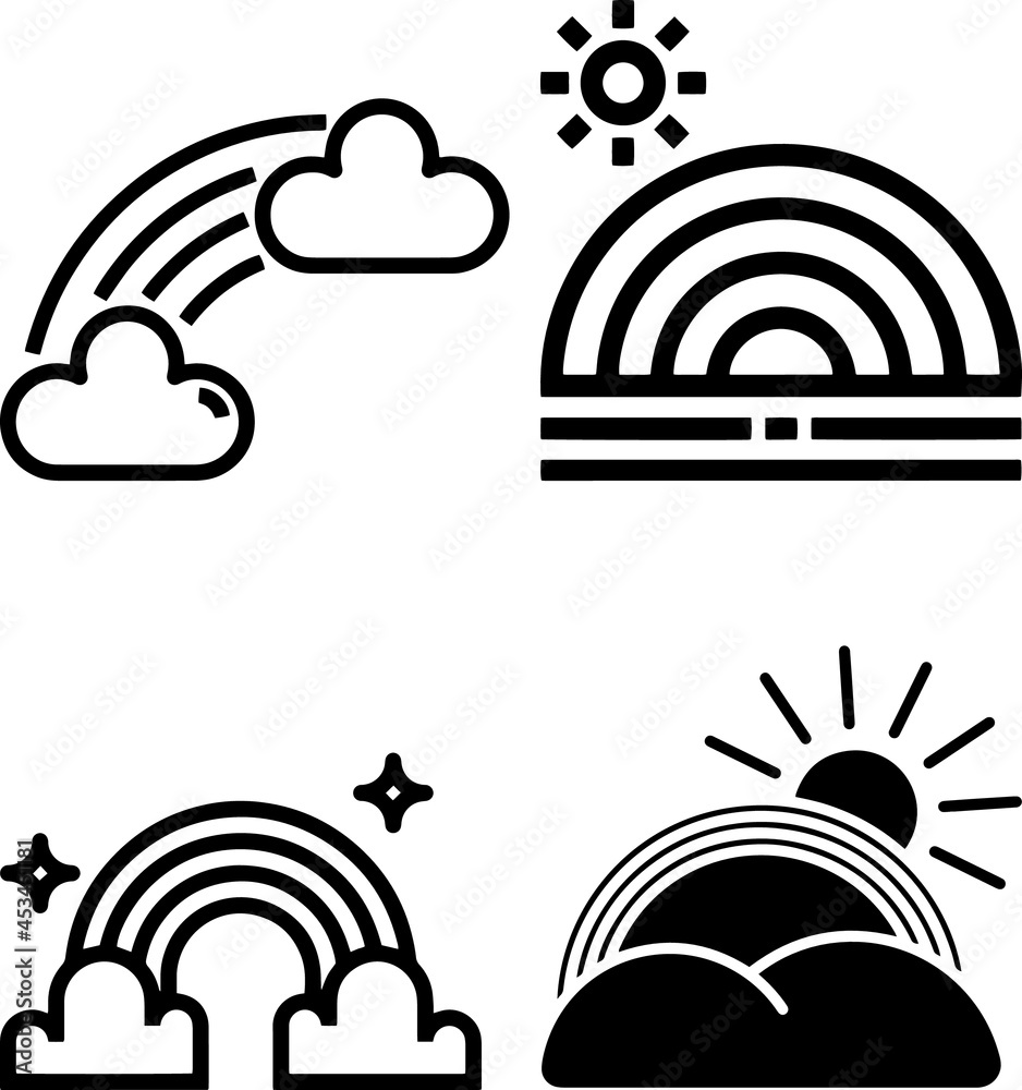 Abstract vector rainbow set. Hand drawn rainbows in minimalist scandinavian style. Modern baby, kid illustrations. Rainbow in different shapes. Black and white art