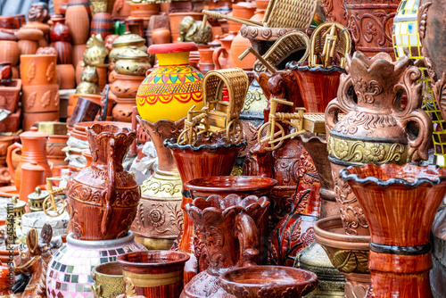 Handcrafted traditional small clay pottery and terracotta items shop beside the road