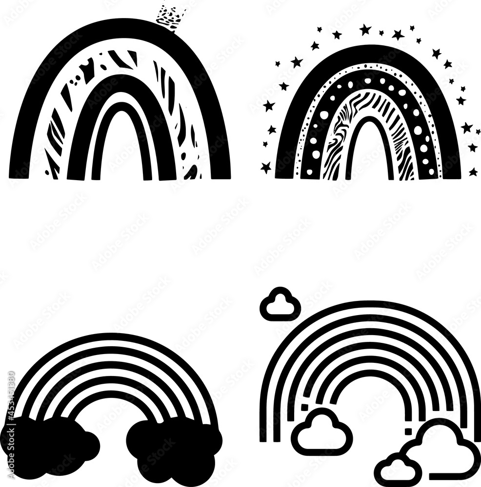 Abstract vector rainbow set. Hand drawn rainbows in minimalist scandinavian style. Modern baby, kid illustrations. Rainbow in different shapes. Black and white art Abstract vector rainbow set. Hand drawn rainbows in minimalist scandinavian style. Modern baby, kid illustrations. Rainbow in different shapes. Black and white art
